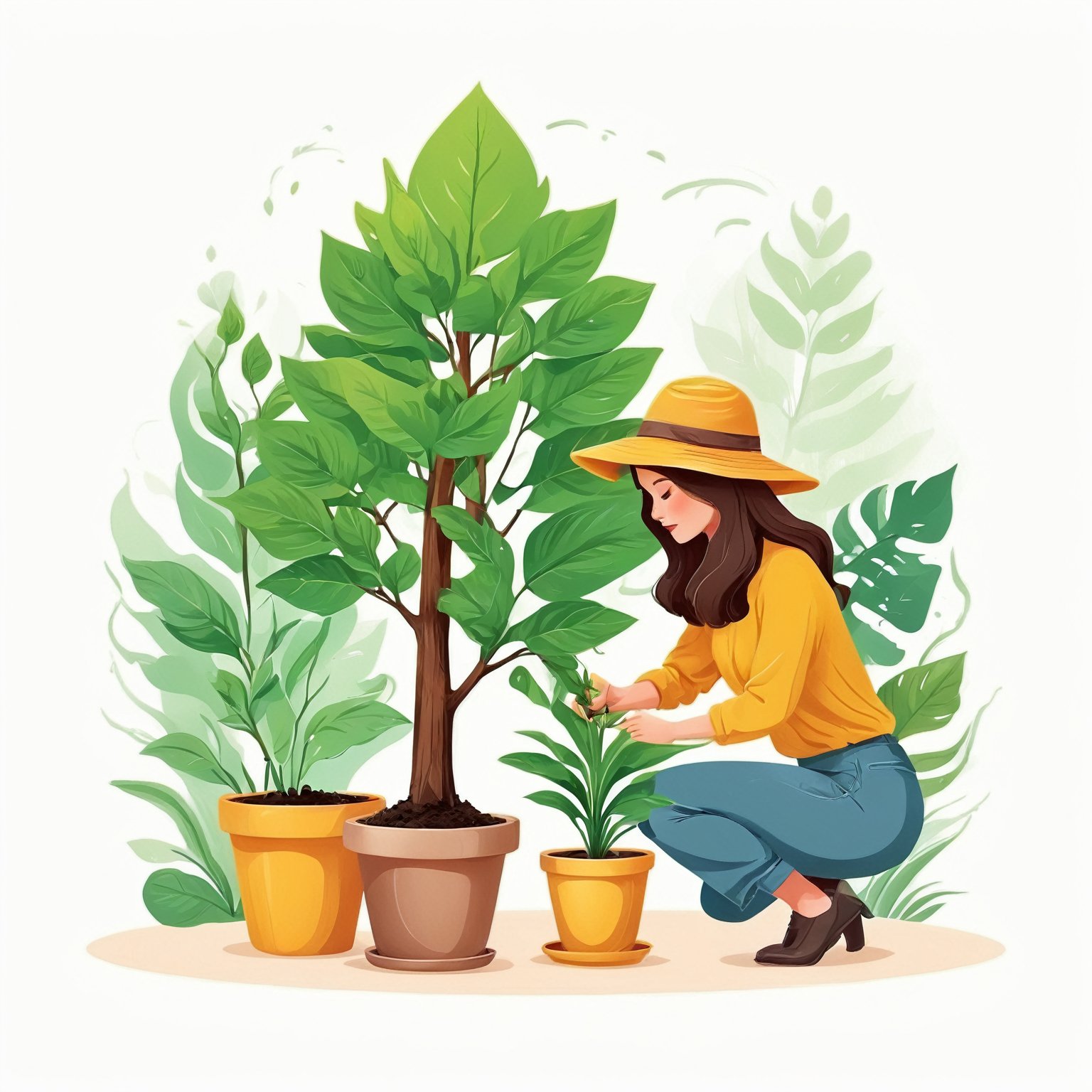 (best quality,8K,highres,masterpiece), ultra-detailed, tree planting, vector illustration, a girl in a hat is kneeling down and planting a plant in a pot