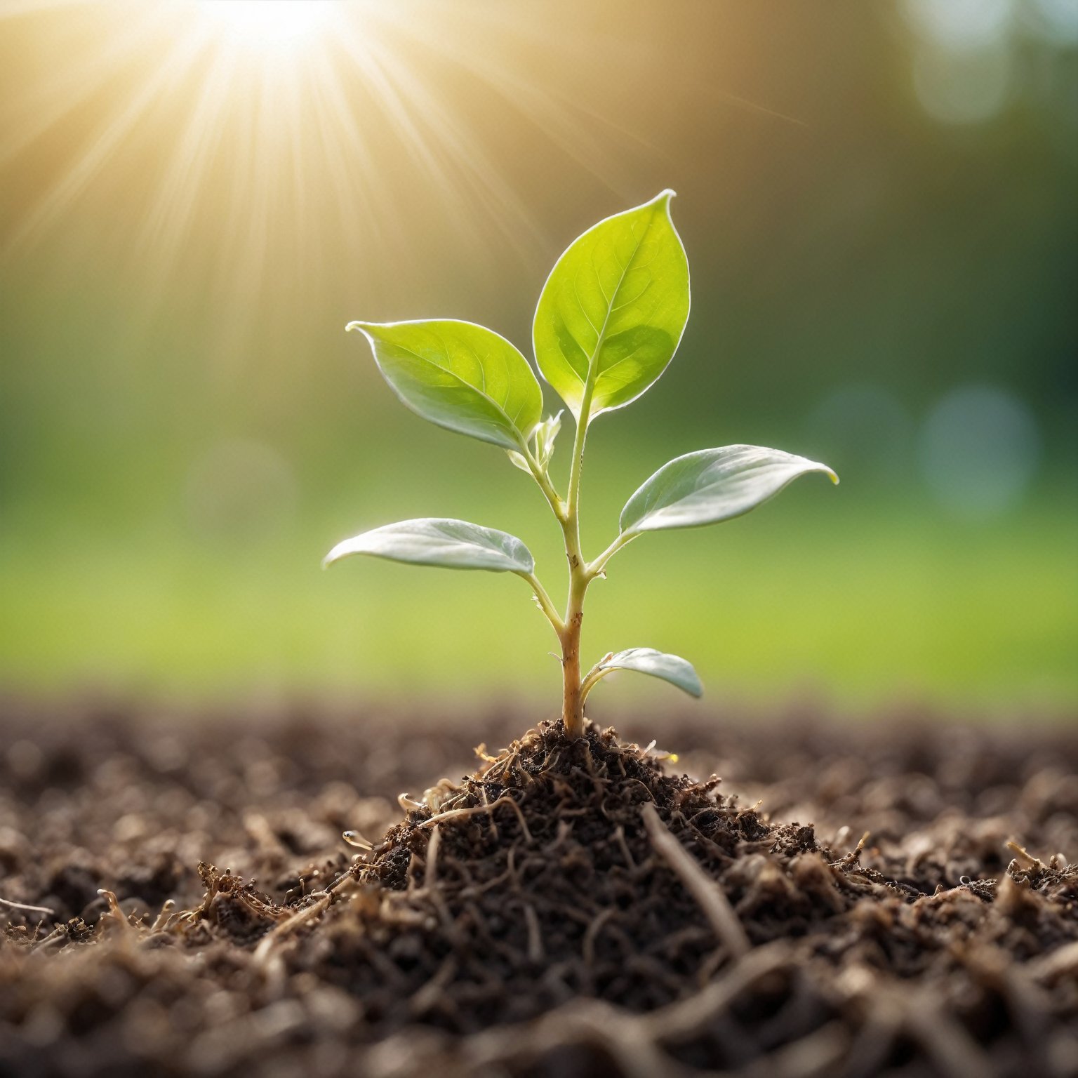 (best quality,8K,highres,masterpiece), ultra-detailed, tree planting, a small plant sprouting from the ground in the sun light with a blurry background