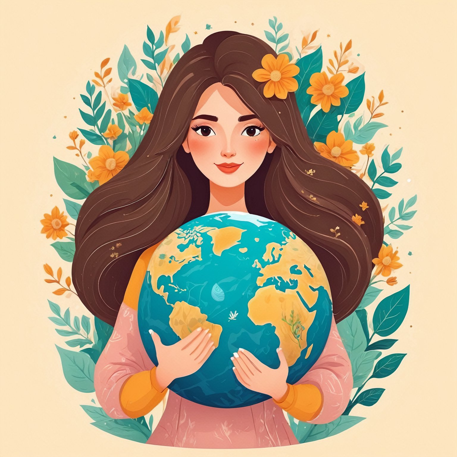 (best quality,8K,highres,masterpiece), ultra-detailed, tree planting, vector illustration, a woman with long hair holding a earth globe in her hands and flowers around her head