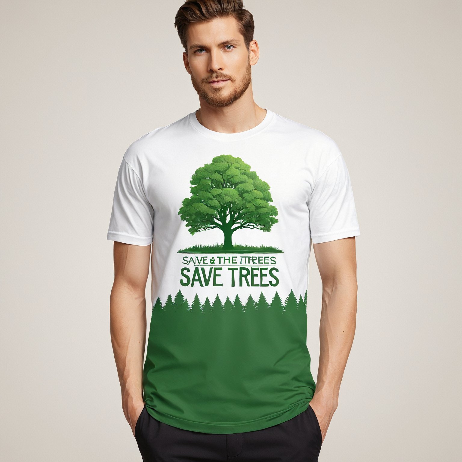 (best quality,8K,highres,masterpiece), ultra-detailed, tree planting, vector illustration, a white shirt with green trees and the words (save the trees) on it's front