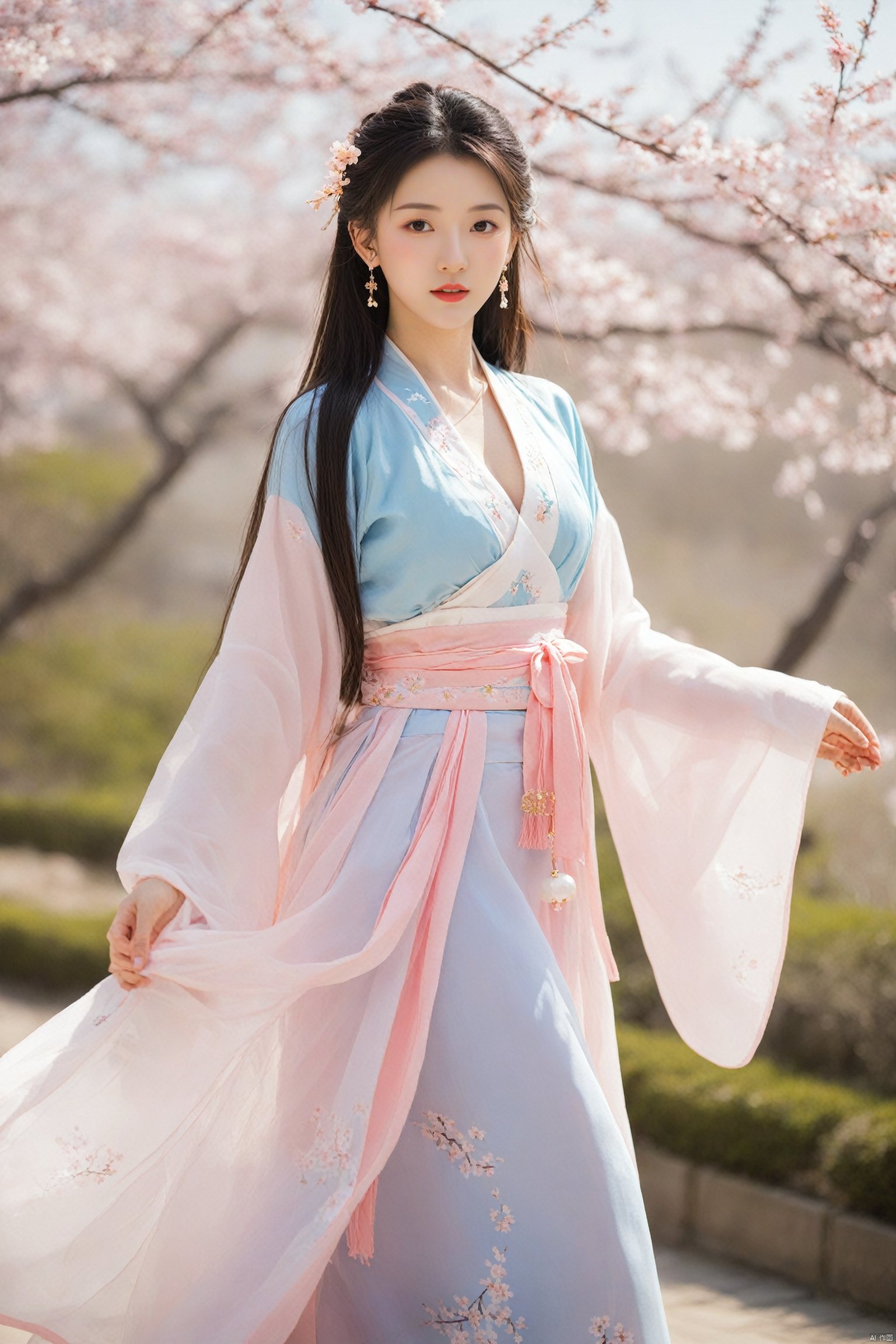  A girl,skirt,jewelry,long_hair,necklace,earrings,perfect body,standing,large breasts,looking at viewer,chinese clothes,china dress,hanfu,cherry_blossoms,in spring,sunny,sunny,wind,cloud,bright,
, ming_hanfu, daxiushan