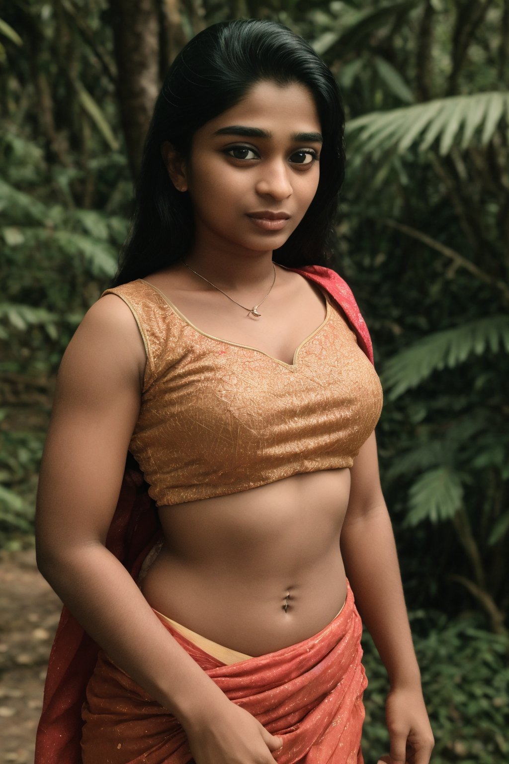 Raw photo of (18yo Kerala Beautiful young woman:1.1, thin waist, t shape navel, (best quality, highres, ultra-detailed:1.2), This breathtaking photograph, shot on a Canon 1DX with a 50 mm f/2.8 lens, beautifully showcases the raw and authentic beauty of life. high resolution 8k image quality, vibrant colors, glowing dimond, glowing eyes, realistic Raw photo, realistic lighting, traditional Red saree,  exotic beauty, mesmerizing eyes, girl ,Thrissur,Mallu,Saree,Muscular female body,Light particles,Light particles , girl,Hourglass figure,photorealistic,Tamil girl