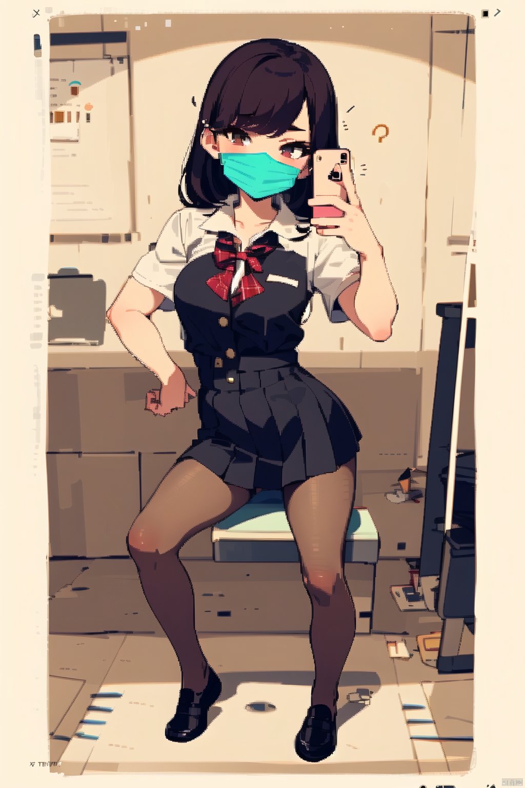  sexy pose,8K,Best quality, 1girl, xtt's body,A photo of oneself taken with a phone in front of a mirror,more details,white mask,full body,long wave hair,school uniform,Wearing blue Pleated skirt, wearing black pantyhose , sitting, ((Mobile selfie perspective)), shapely body,midnight, xtt, aki, spread legs_vagxxx, jijianchahua