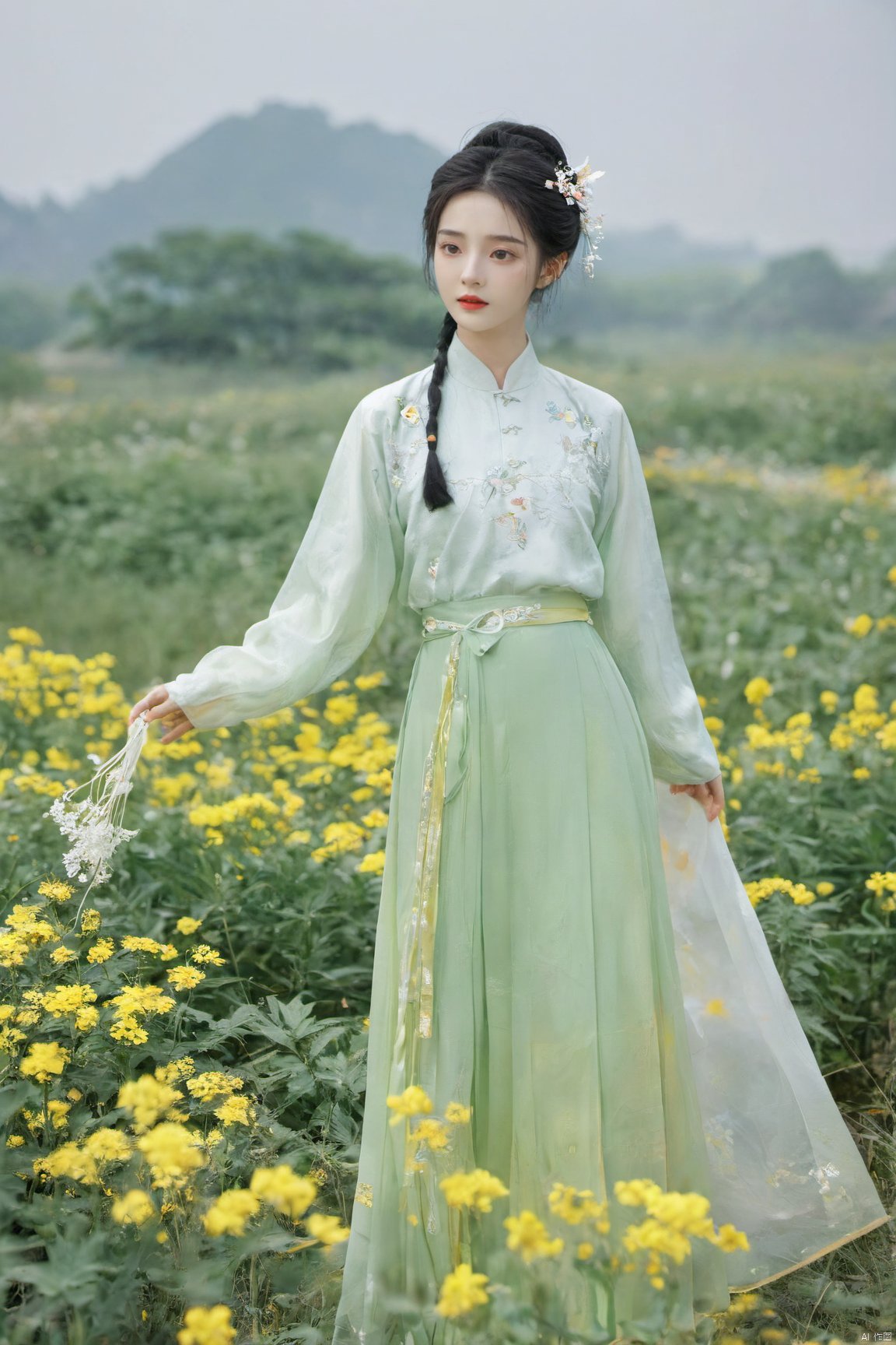  Enhanced, masterpiece, 16K, girl, Solo, Flower Field, rape flower, (\meng ze\), yue , hair ornament , hanfu,(big breasts:1.59), ming_hanfu