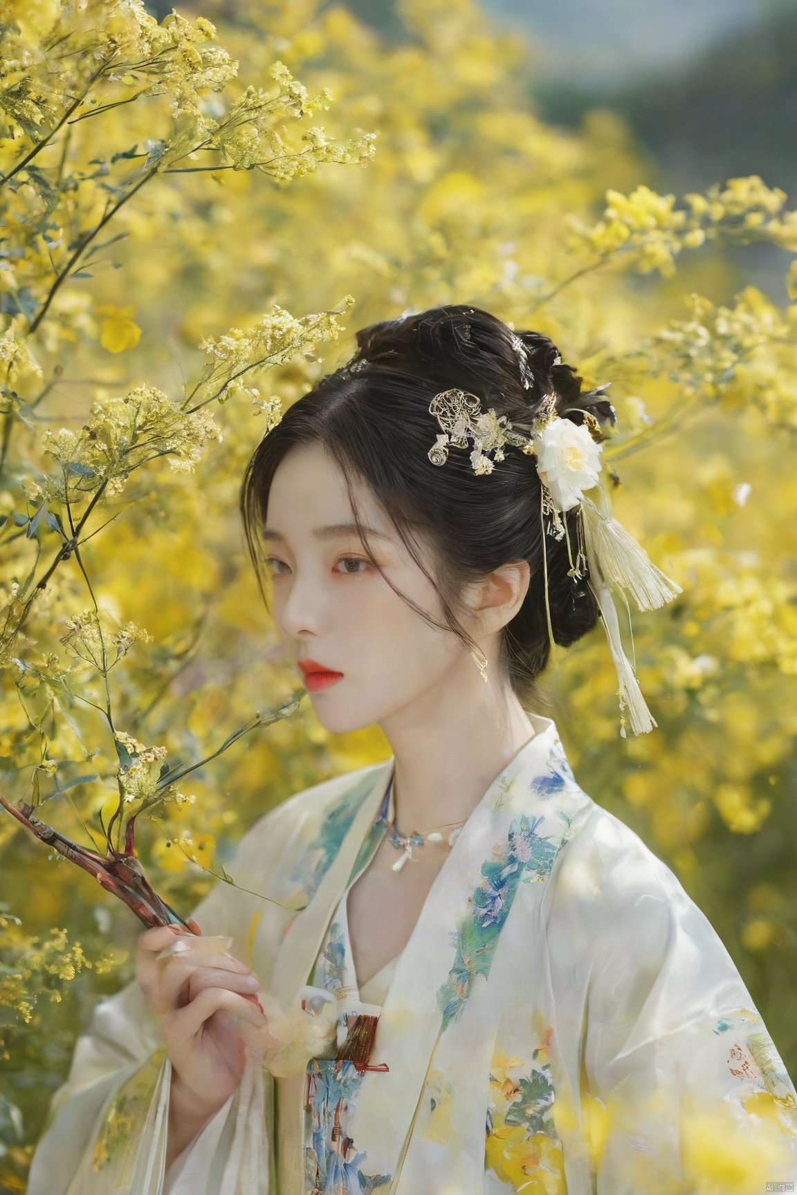  Enhanced, masterpiece, 16K, girl, Solo, Flower Field, rape flower, (\meng ze\), yue , hair ornament , hanfu,(big breasts:1.59), ming_hanfu