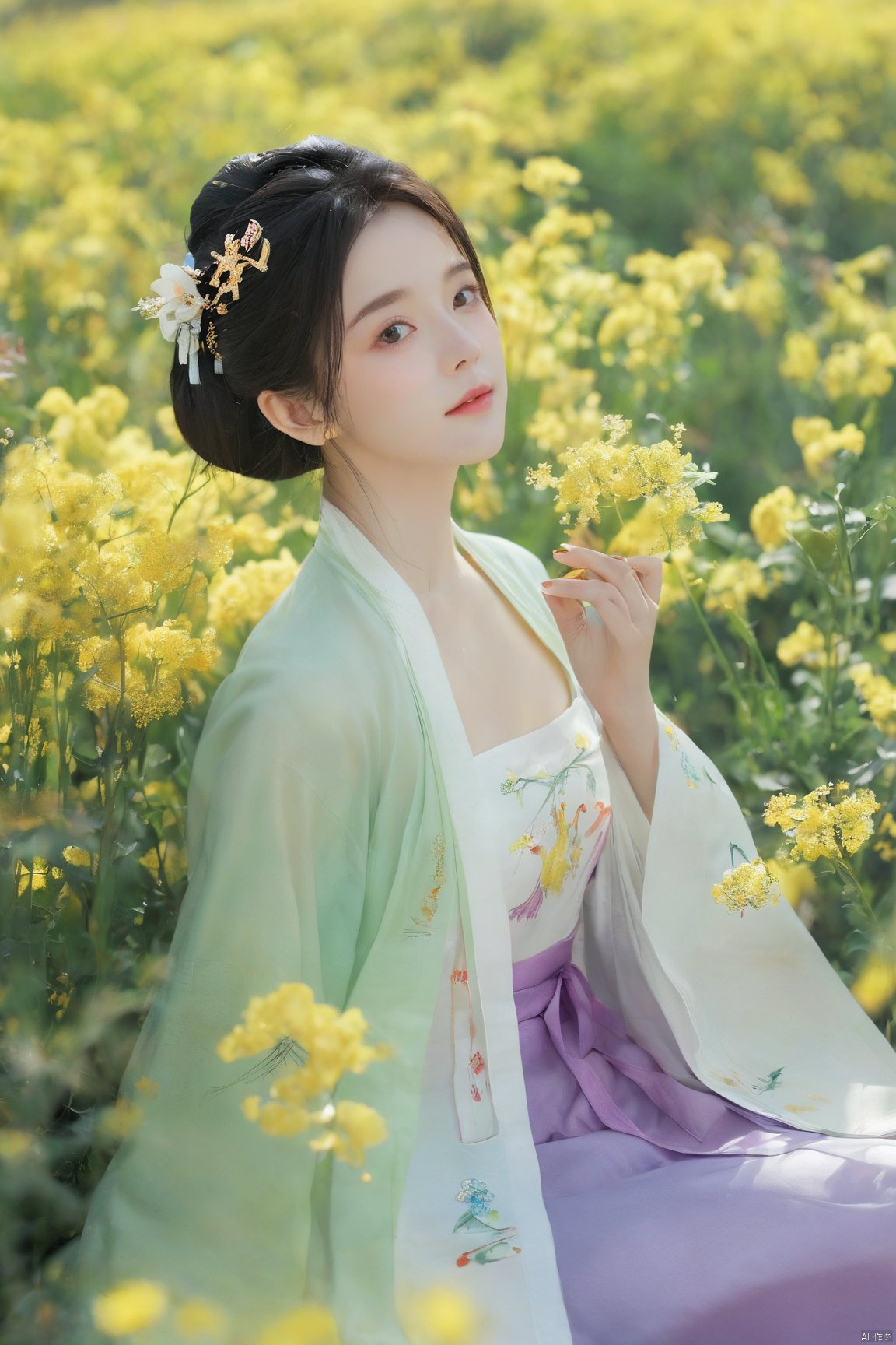  Enhanced, masterpiece, 16K, girl, Solo, Flower Field, rape flower, (\meng ze\), yue , hair ornament , hanfu,(big breasts:1.59), ming_hanfu