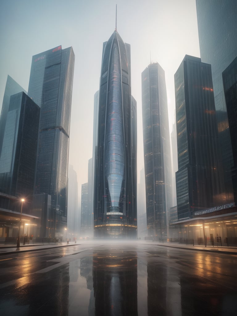 (masterpiece, high quality:1.5), (8K, HDR, highres, ultra-detailed), A photorealistic futuristic cityscape with gleaming glass skyscrapers, soft morning light, misty streets, serene atmosphere, early commuters, reflections in puddles, pastel-colored sky