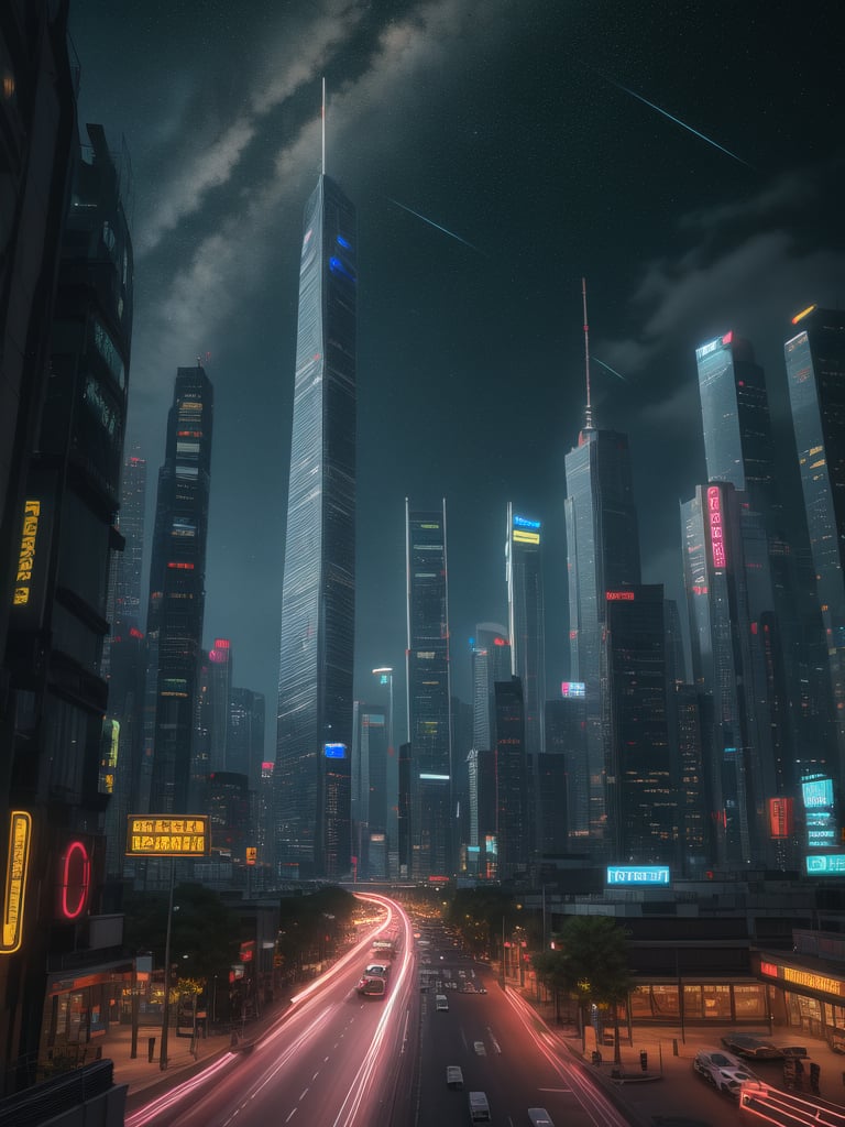 masterpiece, best quality, 4k, 8k, highres, ultra-detailed, A photorealistic futuristic cityscape with towering glass buildings, neon lights, flying cars, glowing signs, bustling streets, under a dark, starry sky