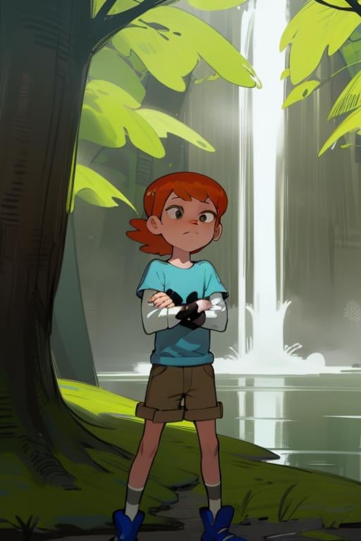 <lora:gwen-09:1> solo, gwen, action crossed arms, lake, waterfall, detailed background, forest, character focus, full body, long sleeves, blue shirt, brown shorts, layered sleeves,  short over long sleeves,, masterpiece, best quality