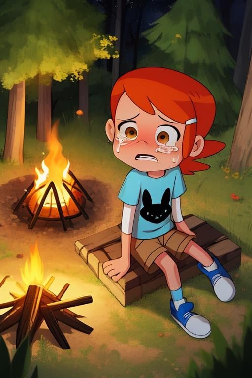 <lora:gwen-09:1> solo, gwen, 1girl, detailed background, character focus, full body, long sleeves, blue shirt, brown shorts, layered sleeves,  short over long sleeves, sitting, camp, from above, sad, crying, campfire, lighting up scene, dark forest, night time, looking at campfire