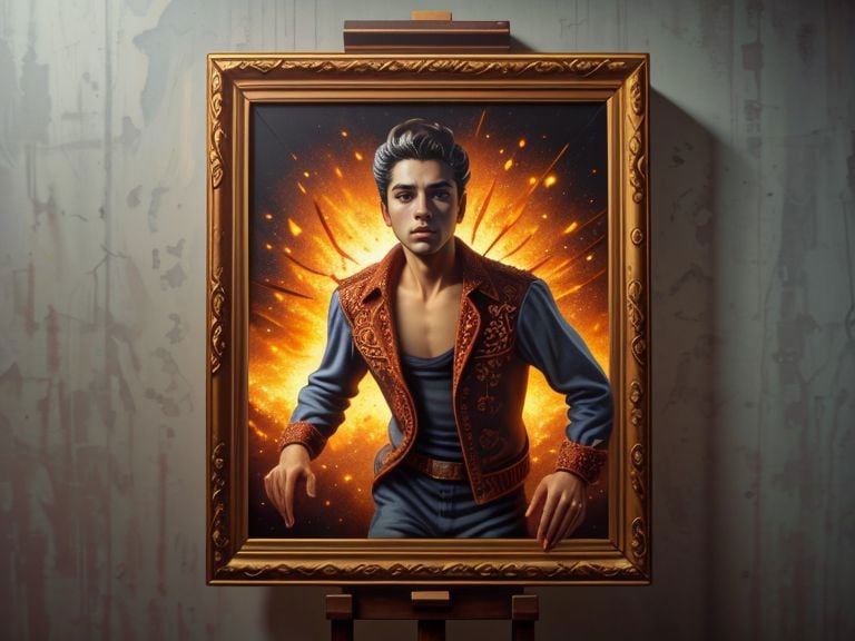 <lora:XenoTALES-OutOfScreen:1> XD-Scene, OutOfScreen, man,  (oil painting), leaning, 60s style, (fiery explosion:0.8),  