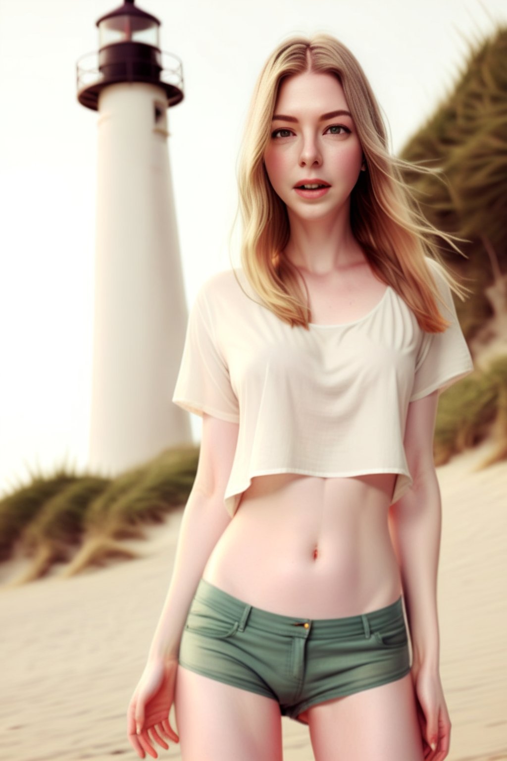 woman, closeup, sandals, (shirt), pants, (beach lighthouse), ZMXLandreea, wide shoulders, (contact iris: 1.1), pale skin, skin pores , depth of field