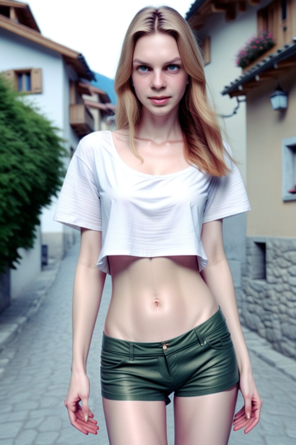 woman, closeup, sandals, (shirt), pants, (swiss village streetview), ZMXLevelyn, wide shoulders, (contact iris: 1.1), pale skin, skin pores , depth of field