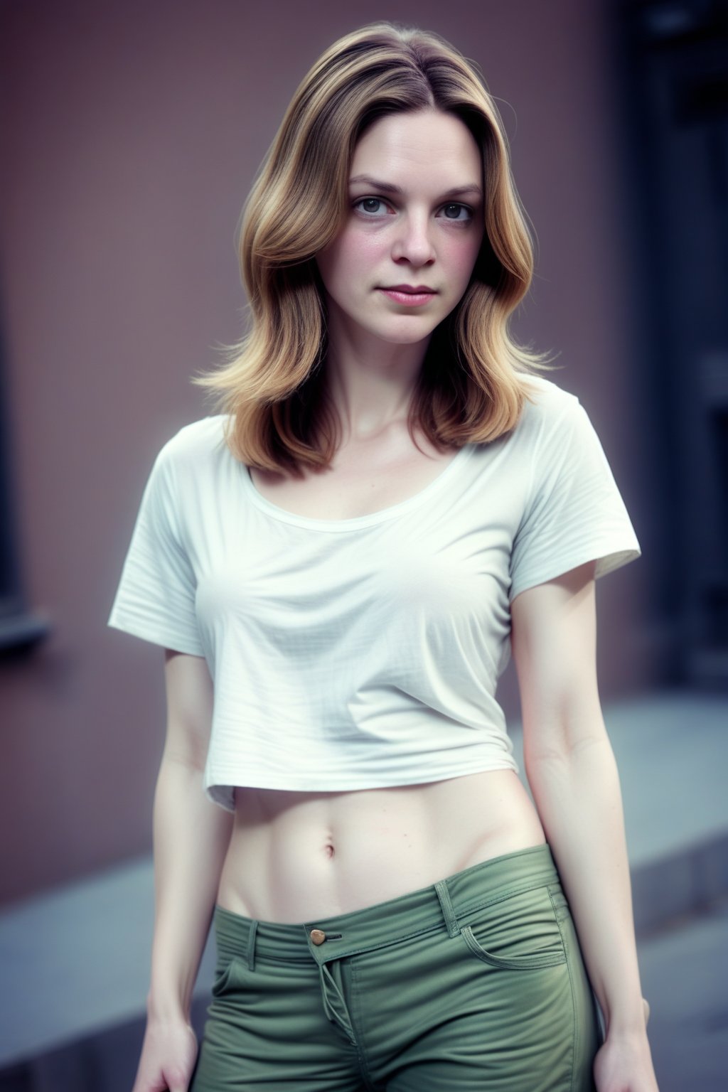 woman, closeup, sandals, (shirt), pants, (streets of boston), ZMXLelizabeth, wide shoulders, (contact iris: 1.1), pale skin, skin pores , depth of field