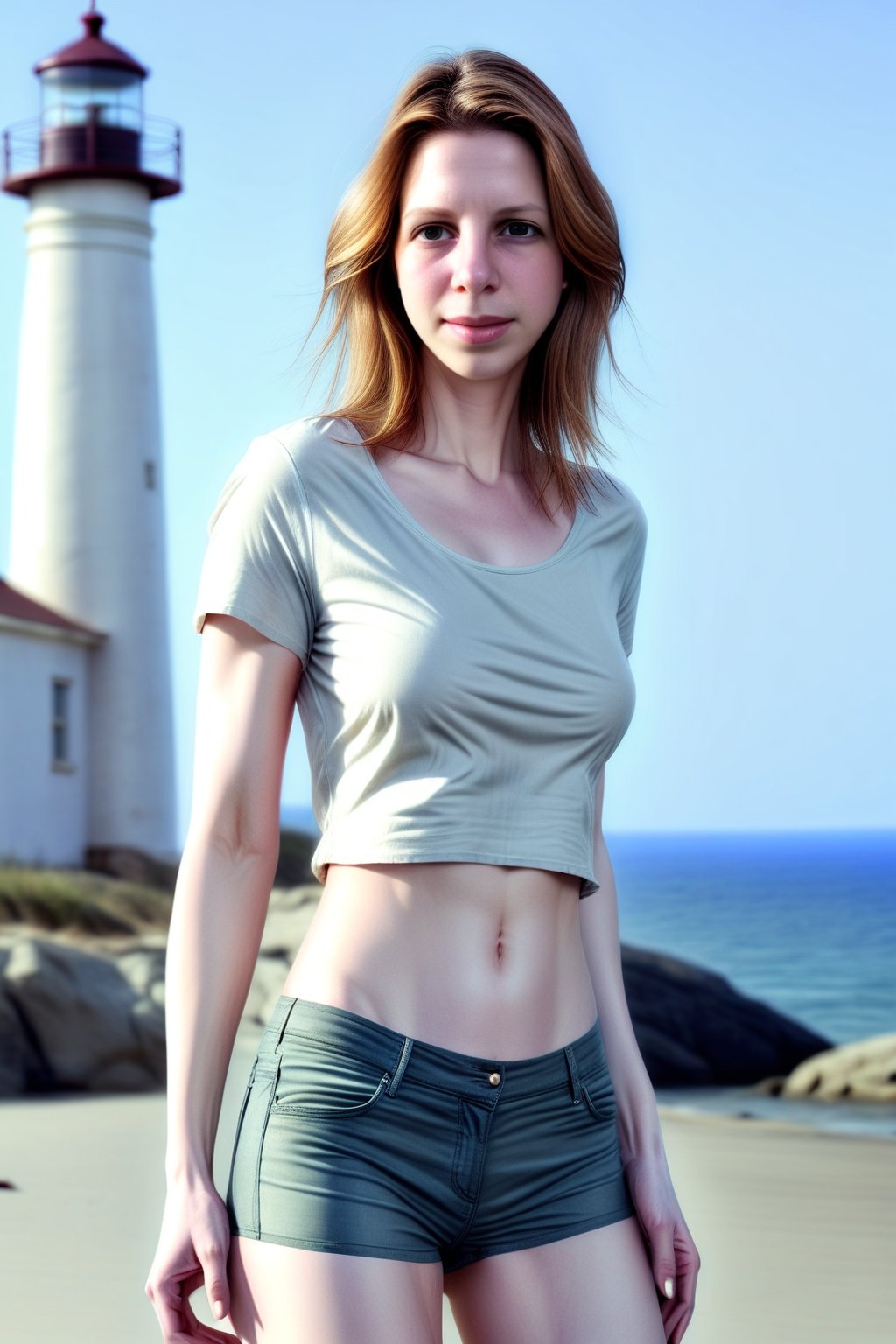 woman, closeup, sandals, (shirt), pants, (beach lighthouse), ZMXLlaurie, wide shoulders, (contact iris: 1.1), pale skin, skin pores , depth of field