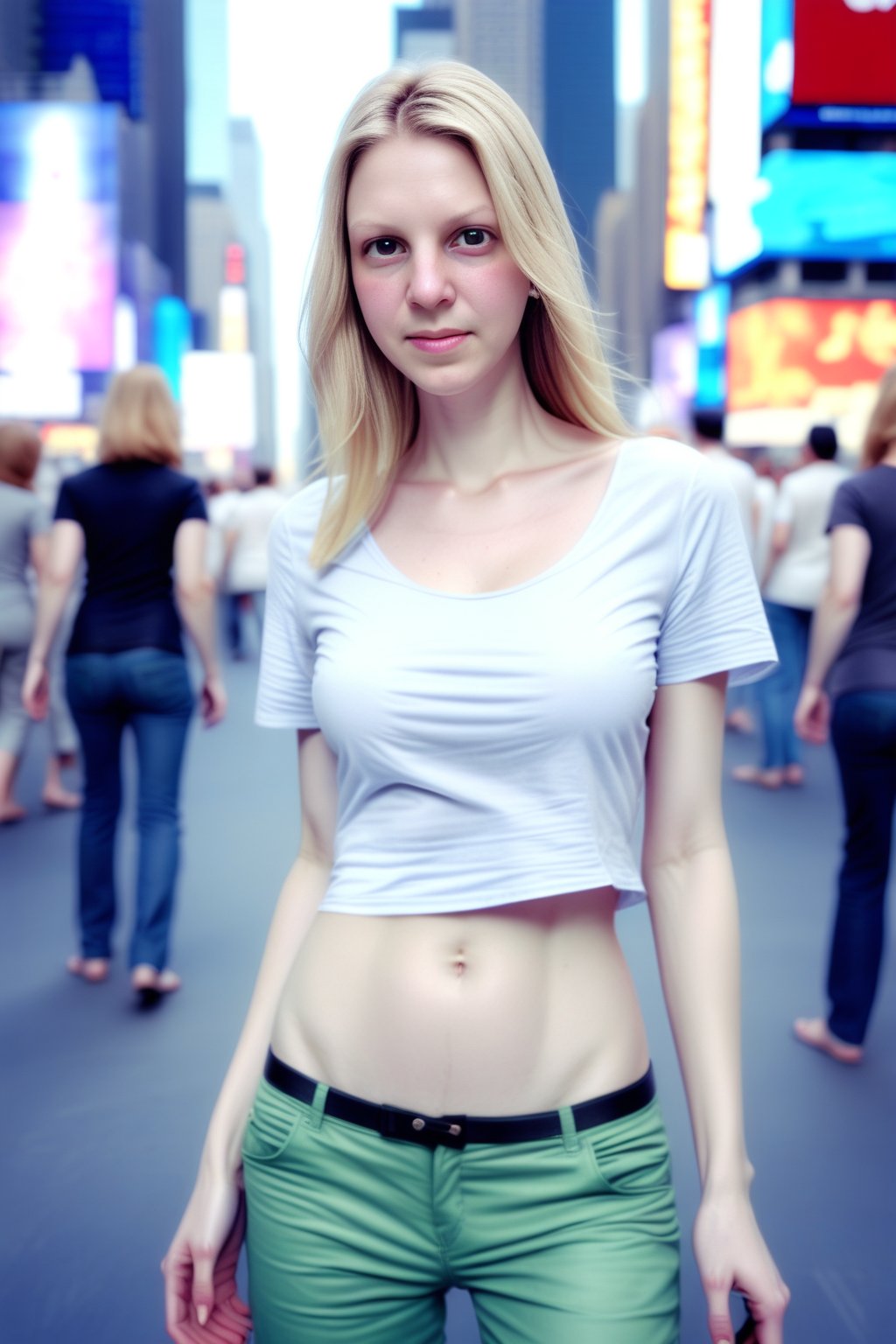 woman, closeup, sandals, (shirt), pants, (times square), ZMXLantonia, wide shoulders, (contact iris: 1.1), pale skin, skin pores , depth of field