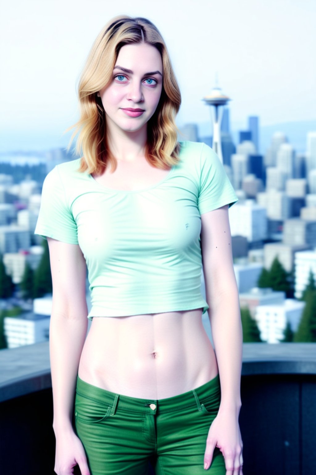 woman, closeup, sandals, (shirt), pants, (seattle space needle), ZMXLhannah, wide shoulders, (contact iris: 1.1), pale skin, skin pores , depth of field