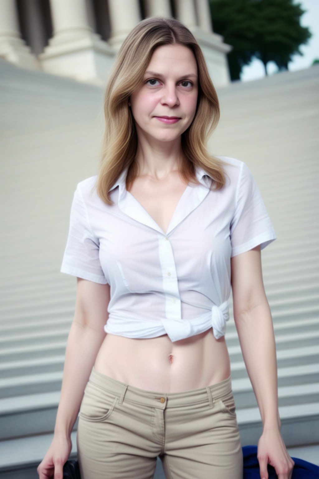 European woman, closeup, sandals, (shirt), pants, (us capitol), ZMXLmathea, wide shoulders, (contact iris: 1.1), pale skin, skin pores , depth of field