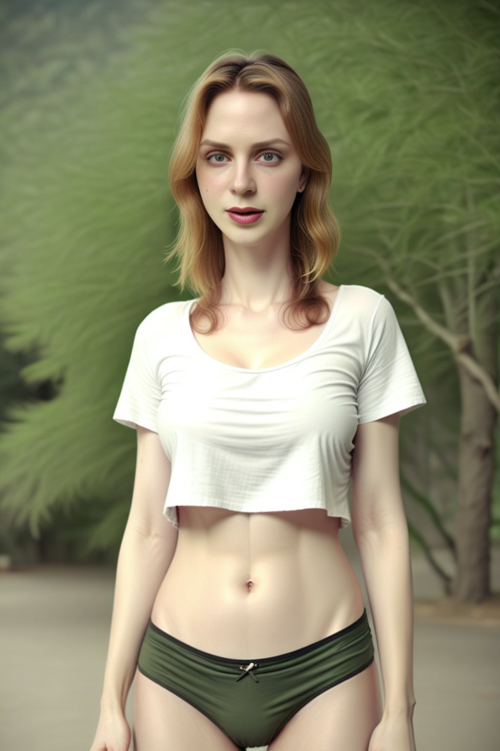 woman, closeup, sandals, (shirt), pants, (koa campground), ZMXLdiana, wide shoulders, (contact iris: 1.1), pale skin, skin pores , depth of field