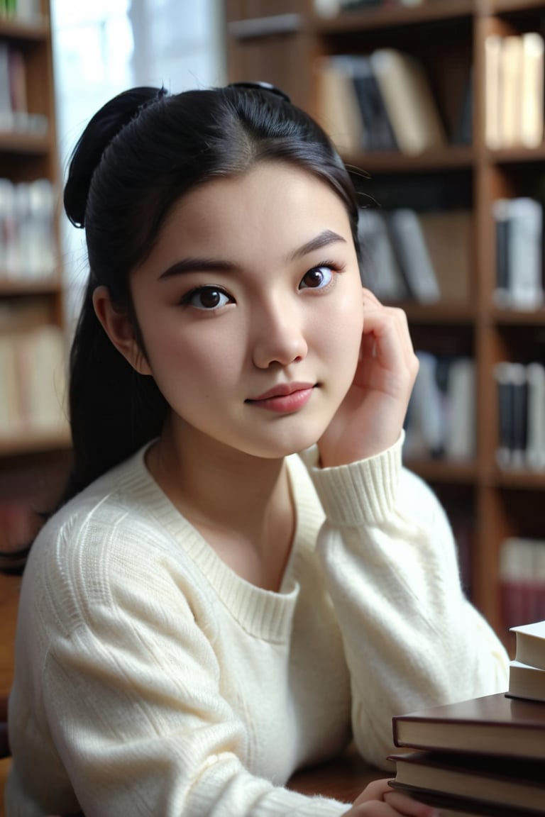 library reading room, pov, 1girl, 18 year old Asian girl, face focus, black hair, dark detailed eyes, facial expression, loving, upturned lips, kind eyes, touching own face, realistic skin texture, wearing white sweater, sitting opposite viewer, table with books, eye contact, natural light, 8k uhd, realistic