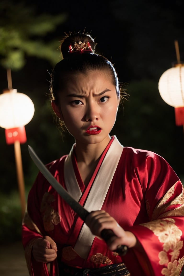 cinematic stillm outdoors, nighttime, lanterns, pov, 1girl, 16 year old Asian girl, beautiful, ponytail, facial expression, angry, downturned lips, furrowed brows, face focus, kimono, holding samurai sword, dynamic pose, action shot, motion blur, dramatic light, shadows