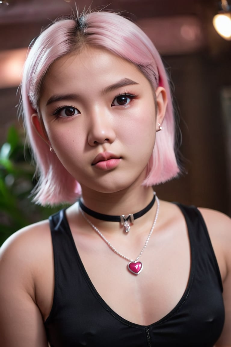  indoors, pov, from above, 1girl, 15 year old Asian girl, extra cute, striking dark eyes, realistic skin, white and pink hair, facial expression, pouting, choker, heart necklace, black sleeveless dress, face focus, close up, intricate details, realistic, macro shot, shallow depth of field, bokeh