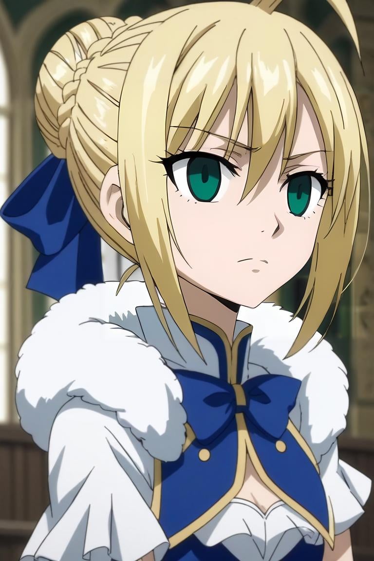 score_9, score_8_up, score_7_up, source_anime, intricate details, anime screencap, , , , , depth of field, 1girl, saber \(fate\), blonde hair, green eyes, ahoge, hair between eyes, hair bun, hair bow, solo, Dazzling Radiance, <lora:fairy_tail_style_pony:0.8>, fairy_tail_style, <lora:sdxl_lightning_8step_lora:1>,