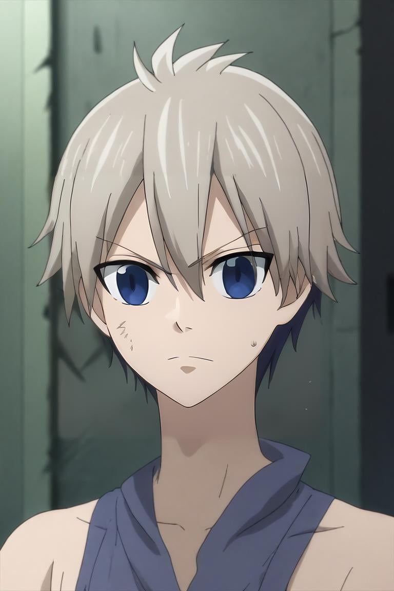 score_9, score_8_up, score_7_up, source_anime, , , , upper body, , 1boy, male focus, <lora:kiri_uzaki_pony:0.70>, kiri_uzaki, grey hair, blue eyes, short hair, hair between eyes, bangs, solo, Post-Apocalyptic Ruins, <lora:fairy_tail_style_pony:1>, fairy_tail_style, <lora:sdxl_lightning_8step_lora:1>,