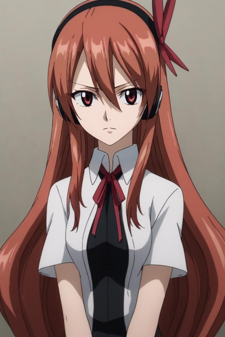 score_9, score_8_up, score_7_up, source_anime, intricate details, (3d:0.4), looking at viewer, , , 1girl, <lora:chelsea_akame_ga_kill_pony:0.70>, chelsea_akame_ga_kill, red hair, red eyes, long hair, hair between eyes, bangs, headphones, ribbon, neck ribbon, solo, Ethereal Glow, <lora:fairy_tail_style_pony:0.84>, fairy_tail_style, <lora:sdxl_lightning_8step_lora:1>,