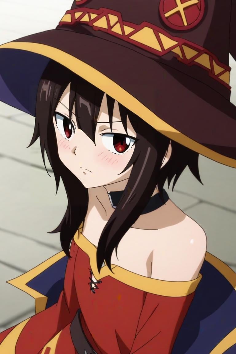 score_9, score_8_up, score_7_up, source_anime, , anime screencap, anime coloring, , looking at viewer, upper body, depth of field, 1girl, megumin, bare shoulders, black hair, black cape, black gloves, blush, cape, choker, collarbone, dress, hair between eyes, hat, long sleeves, looking at viewer, medium hair, off-shoulder dress, off shoulder, red dress, red eyes, sidelocks, solo, witch hat, solo, Nanopunk, <lora:fairy_tail_style_pony:0.96>, fairy_tail_style, <lora:sdxl_lightning_8step_lora:1>,