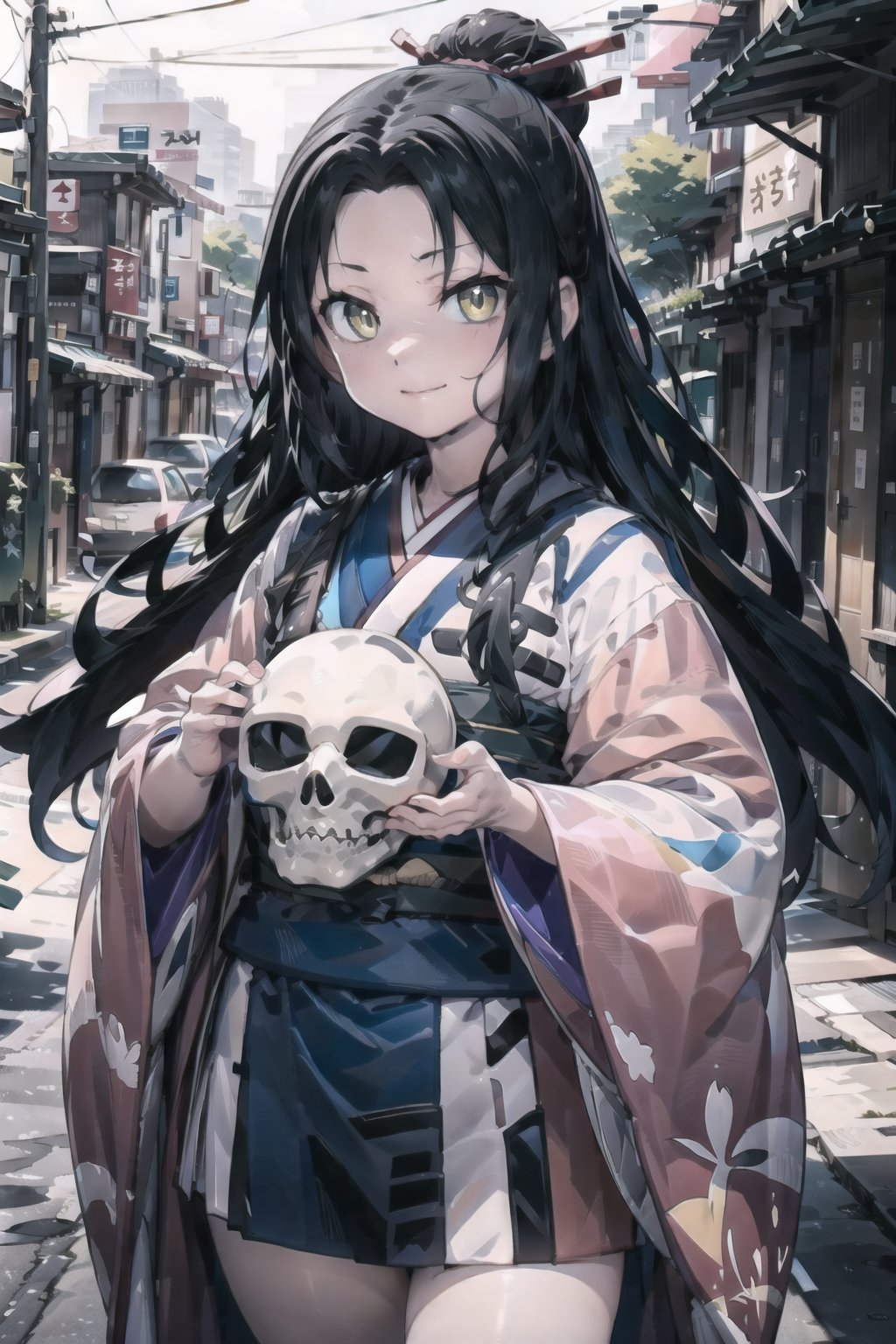 // define,
(masterpiece),illustration,8k,ray tracing,best detailed,Clear picture,highlight,

// character,
Kyoukotsu(daughter), black hair, long hair, wave hair,yellow eyes, cowboy shot,kimono,forehead,Grinning,
skull,holding skull,
bisyoujo, tsurime eyes,

// other,
cowboy shot, looking at viewer,

// background,
japan architecture,
looking at viewer,