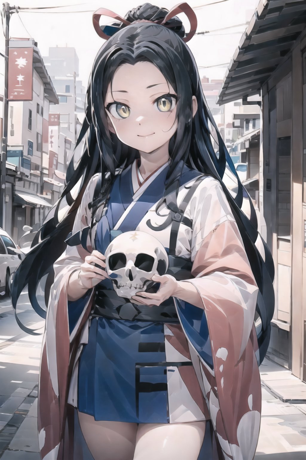 // define,
(masterpiece),illustration,8k,ray tracing,best detailed,Clear picture,highlight,

// character,
Kyoukotsu(daughter), black hair, long hair, wave hair,yellow eyes, cowboy shot,kimono,forehead,Grinning,
skull,holding skull,
bisyoujo, tsurime eyes,

// other,
cowboy shot, looking at viewer,

// background,
japan architecture,
looking at viewer,