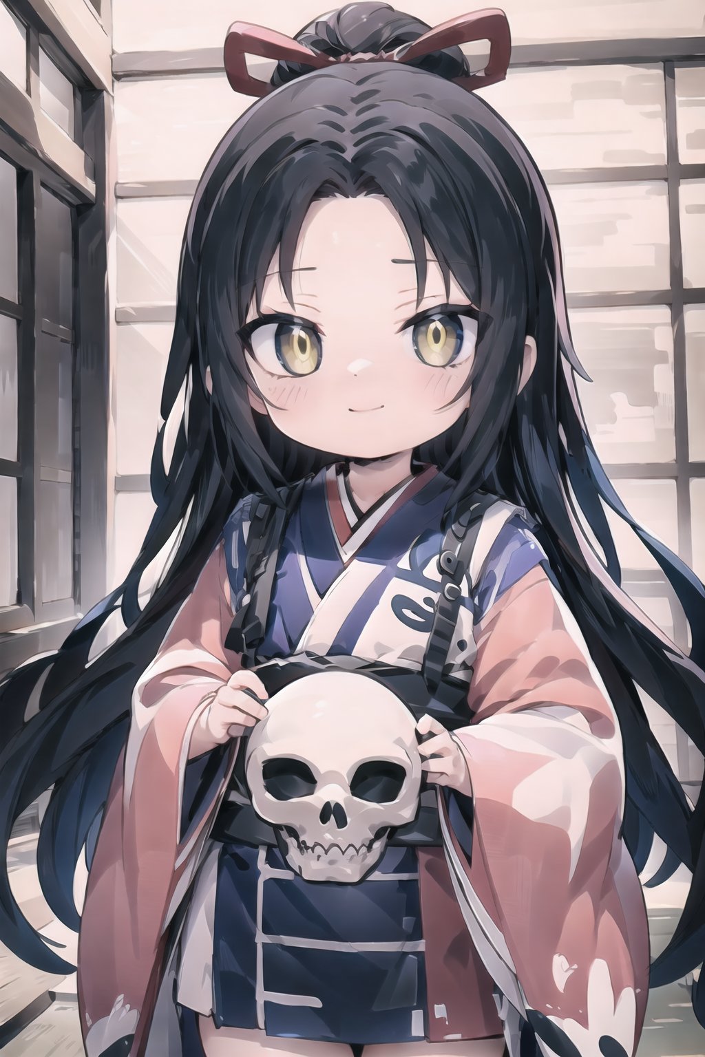 // define,
(masterpiece),illustration,8k,ray tracing,best detailed,Clear picture,highlight,

// character,
Kyoukotsu(daughter), black hair, long hair, wave hair,yellow eyes, cowboy shot,kimono,forehead,Grinning,
skull,holding skull,
bisyoujo, tsurime eyes,

// other,
cowboy shot, looking at viewer,

// background,
japan architecture,
looking at viewer,