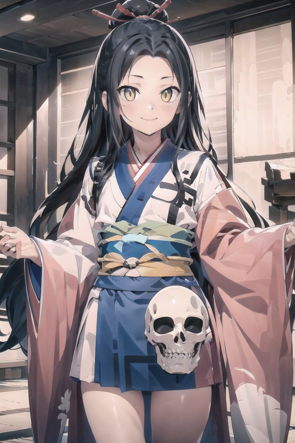 // define,
(masterpiece),illustration,8k,ray tracing,best detailed,Clear picture,highlight,

// character,
Kyoukotsu(daughter), black hair, long hair, wave hair,yellow eyes, cowboy shot,kimono,forehead,Grinning,
skull,holding skull,
bisyoujo, tsurime eyes,

// other,
cowboy shot, looking at viewer,

// background,
japan architecture,
looking at viewer,