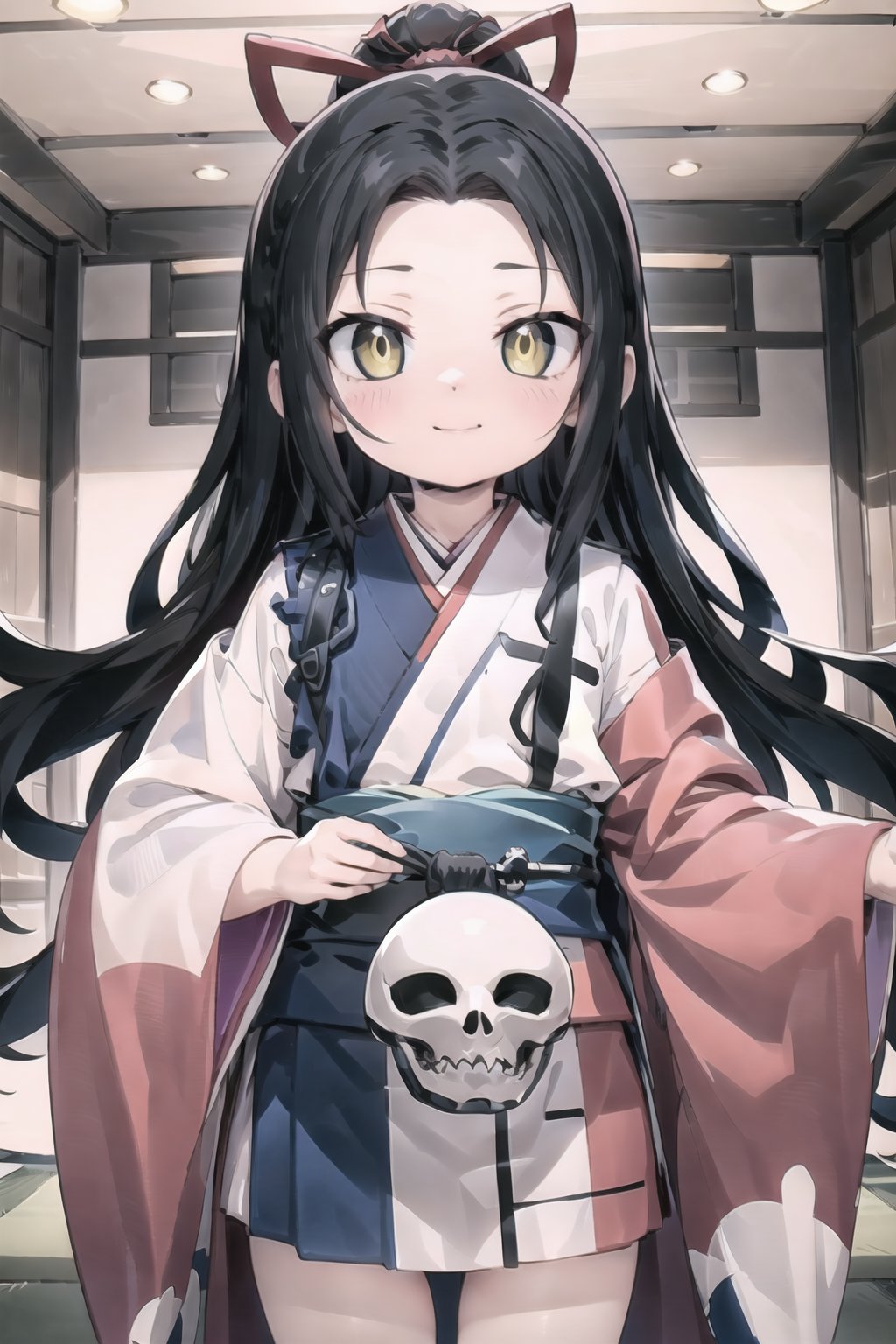 // define,
(masterpiece),illustration,8k,ray tracing,best detailed,Clear picture,highlight,

// character,
Kyoukotsu(daughter), black hair, long hair, wave hair,yellow eyes, cowboy shot,kimono,forehead,Grinning,
skull,holding skull,
bisyoujo, tsurime eyes,

// other,
cowboy shot, looking at viewer,

// background,
japan architecture,
looking at viewer,