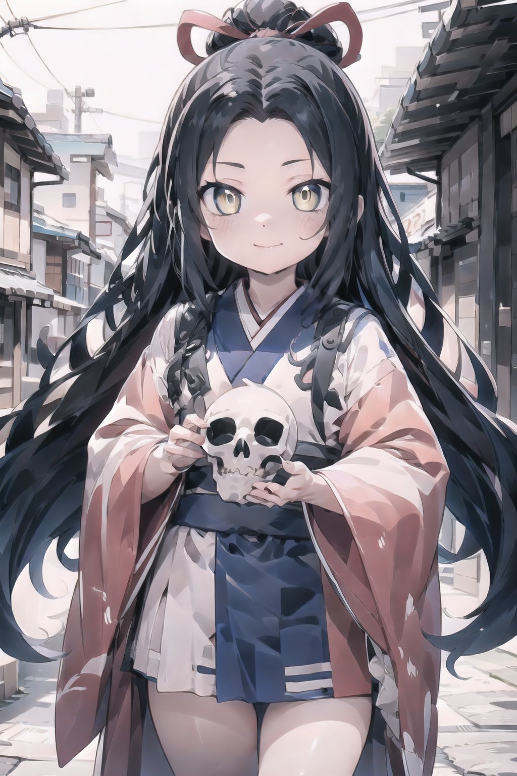 // define,
(masterpiece),illustration,8k,ray tracing,best detailed,Clear picture,highlight,

// character,
Kyoukotsu(daughter), black hair, long hair, wave hair,yellow eyes, cowboy shot,kimono,forehead,Grinning,
skull,holding skull,
bisyoujo, tsurime eyes,

// other,
cowboy shot, looking at viewer,

// background,
japan architecture,
looking at viewer,