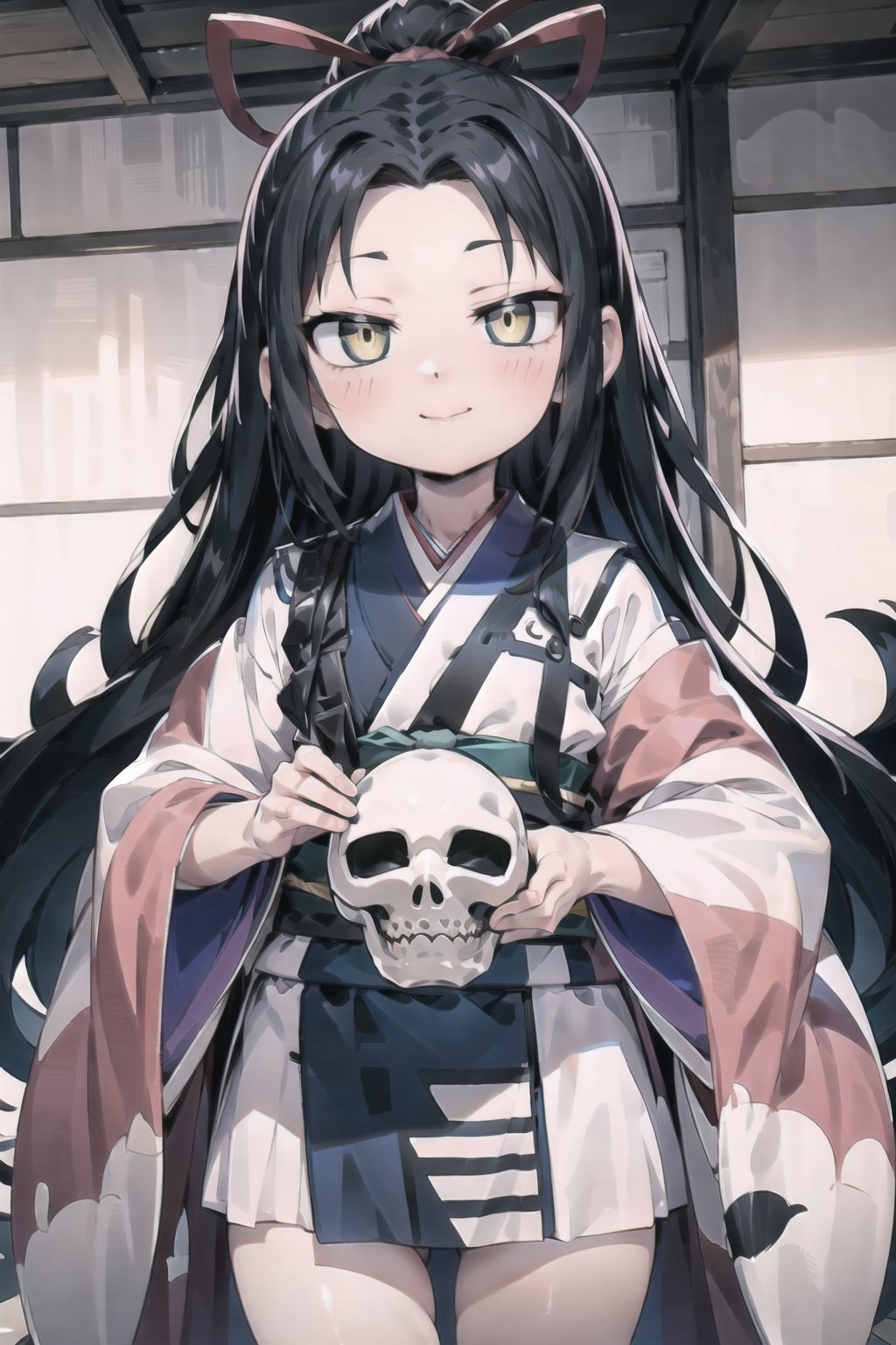 // define,
(masterpiece),illustration,8k,ray tracing,best detailed,Clear picture,highlight,

// character,
Kyoukotsu(daughter), black hair, long hair, wave hair,yellow eyes, cowboy shot,kimono,forehead,Grinning,
skull,holding skull,
bisyoujo, tsurime eyes,

// other,
cowboy shot, looking at viewer,

// background,
japan architecture,
looking at viewer,