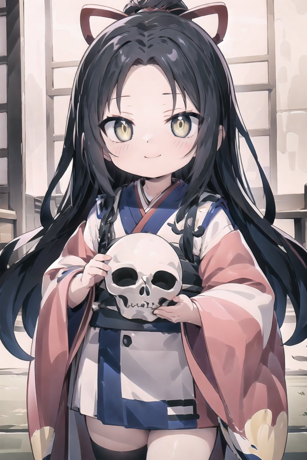 // define,
(masterpiece),illustration,8k,ray tracing,best detailed,Clear picture,highlight,

// character,
Kyoukotsu(daughter), black hair, long hair, wave hair,yellow eyes, cowboy shot,kimono,forehead,Grinning,
skull,holding skull,
bisyoujo, tsurime eyes,

// other,
cowboy shot, looking at viewer,

// background,
japan architecture,
looking at viewer,