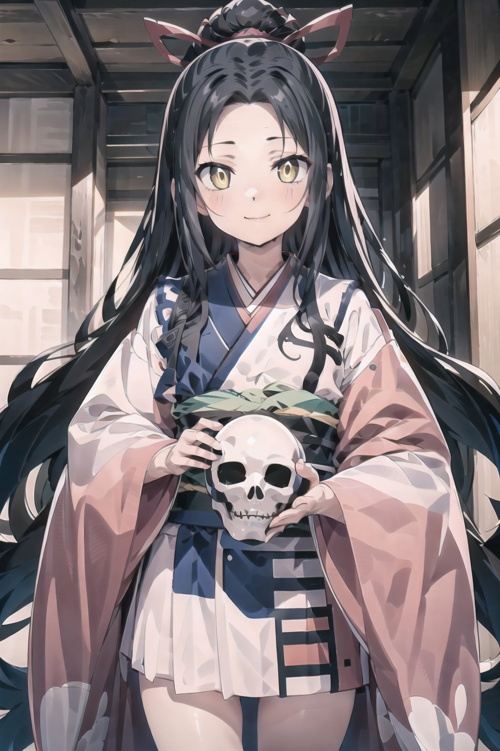 // define,
(masterpiece),illustration,8k,ray tracing,best detailed,Clear picture,highlight,

// character,
Kyoukotsu(daughter), black hair, long hair, wave hair,yellow eyes, cowboy shot,kimono,forehead,Grinning,
skull,holding skull,
bisyoujo, tsurime eyes,

// other,
cowboy shot, looking at viewer,

// background,
japan architecture,
looking at viewer,