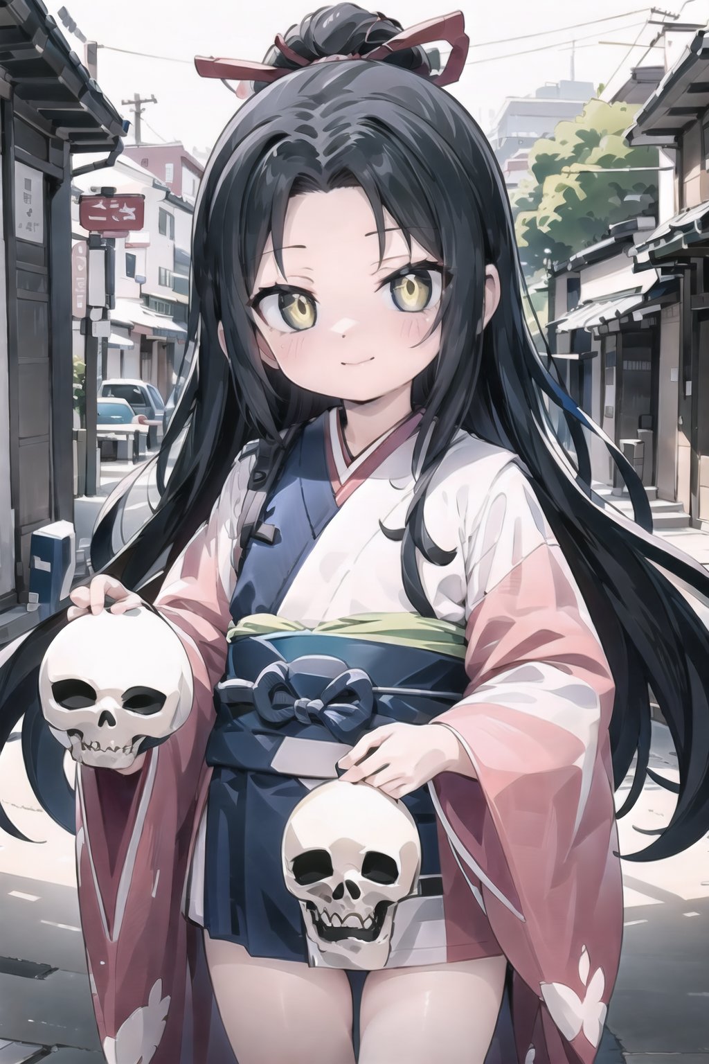 // define,
(masterpiece),illustration,8k,ray tracing,best detailed,Clear picture,highlight,

// character,
Kyoukotsu(daughter), black hair, long hair, wave hair,yellow eyes, cowboy shot,kimono,forehead,Grinning,
skull,holding skull,
bisyoujo, tsurime eyes,

// other,
cowboy shot, looking at viewer,

// background,
japan architecture,
looking at viewer,