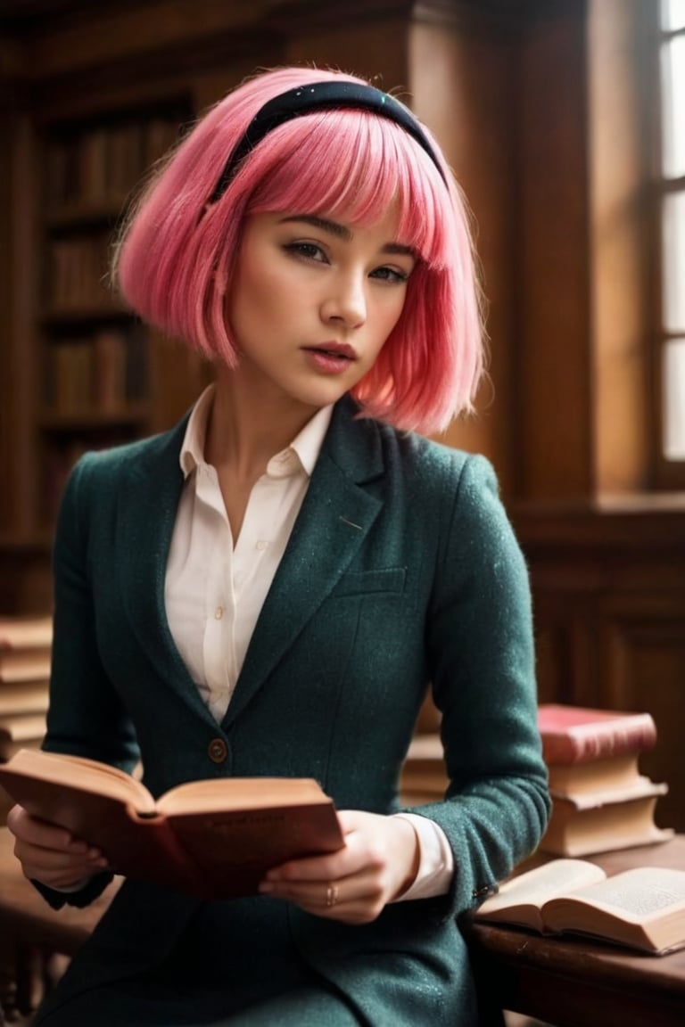 HQ photography, closeup portrait, sharp focus, bokeh background, high contrast, In a serene, cinematic setting, a lovely, young woman, reminiscent of Angeline, sits in an antique university library, looking at the book, Degas-like attention to detail captures every curl and curve of her body. In the background, an antique library full of books and ladders is bathed by the afternoon sun rays, creating a sense of depth and atmosphere. The overall effect is stunning, with cinematic flair, masterpiece, shines brightly on ArtStation, trending for all to admire.,dark academia outfit, brown teal color palette, Rembrandt Lighting Style,darkacademia,photorealistic,tweed blazer, collar shirt, beret,Kodak Motion Picture Film Style, cateye, cute face, young face, ,lora:stephanie_xl_V1:1,with pink hair and a pink wig, Stephanie