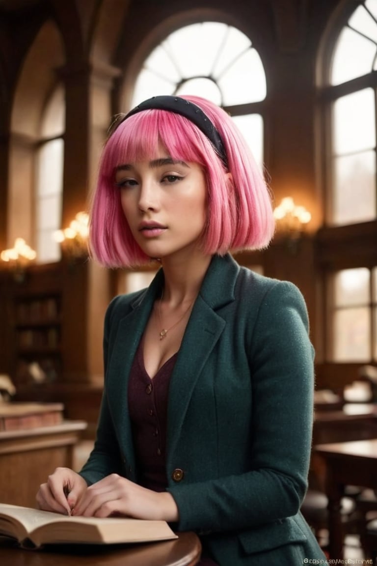 HQ photography, closeup portrait, sharp focus, bokeh background, high contrast, In a serene, cinematic setting, a lovely, young woman, reminiscent of Angeline, sits in an antique university library, looking at the book, Degas-like attention to detail captures every curl and curve of her body. In the background, an antique library full of books and ladders is bathed by the afternoon sun rays, creating a sense of depth and atmosphere. The overall effect is stunning, with cinematic flair, masterpiece, shines brightly on ArtStation, trending for all to admire.,dark academia outfit, brown teal color palette, Rembrandt Lighting Style,darkacademia,photorealistic,tweed blazer, collar shirt, beret,Kodak Motion Picture Film Style, cateye, cute face, young face, ,lora:stephanie_xl_V1:1,with pink hair and a pink wig, Stephanie