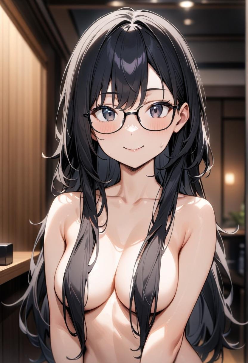 masterpiece, best quality, very aesthetic, absurdres,1girl, hair over breasts, long hair, hair censor, topless, black hair, glasses, black eyes, smile, medium breasts, upper body,<lora:hair_over_the_breasts_SDXL_V1:0.8>