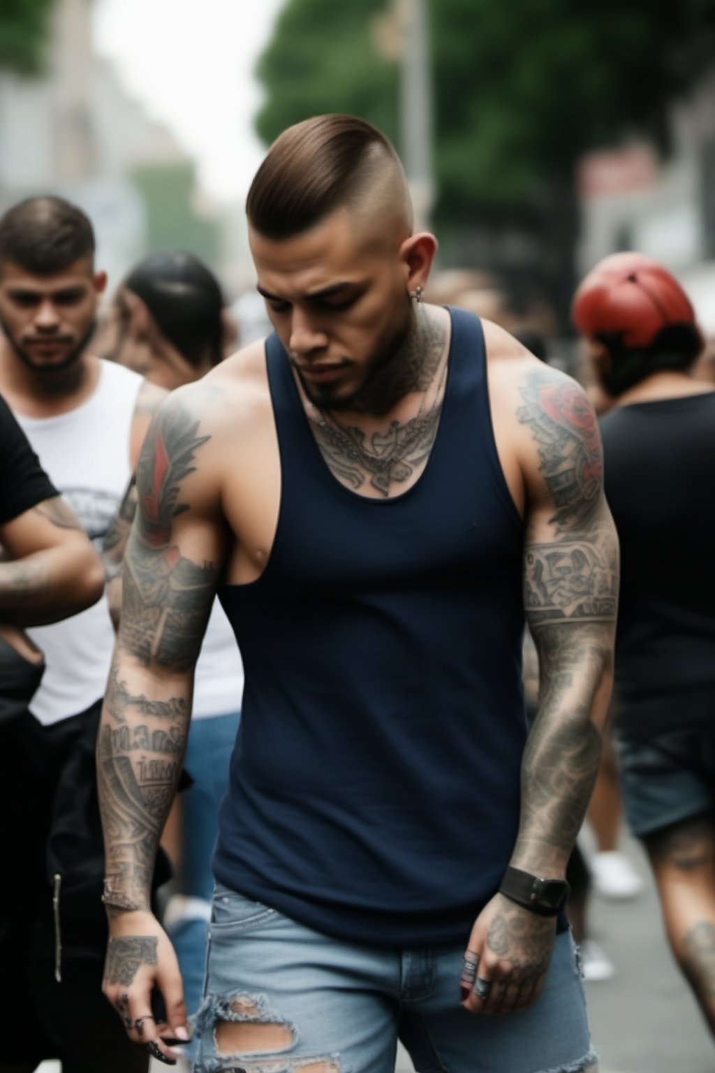 lots of tattoos tattooed wearing a tank top and jeans shorts on a busy street 