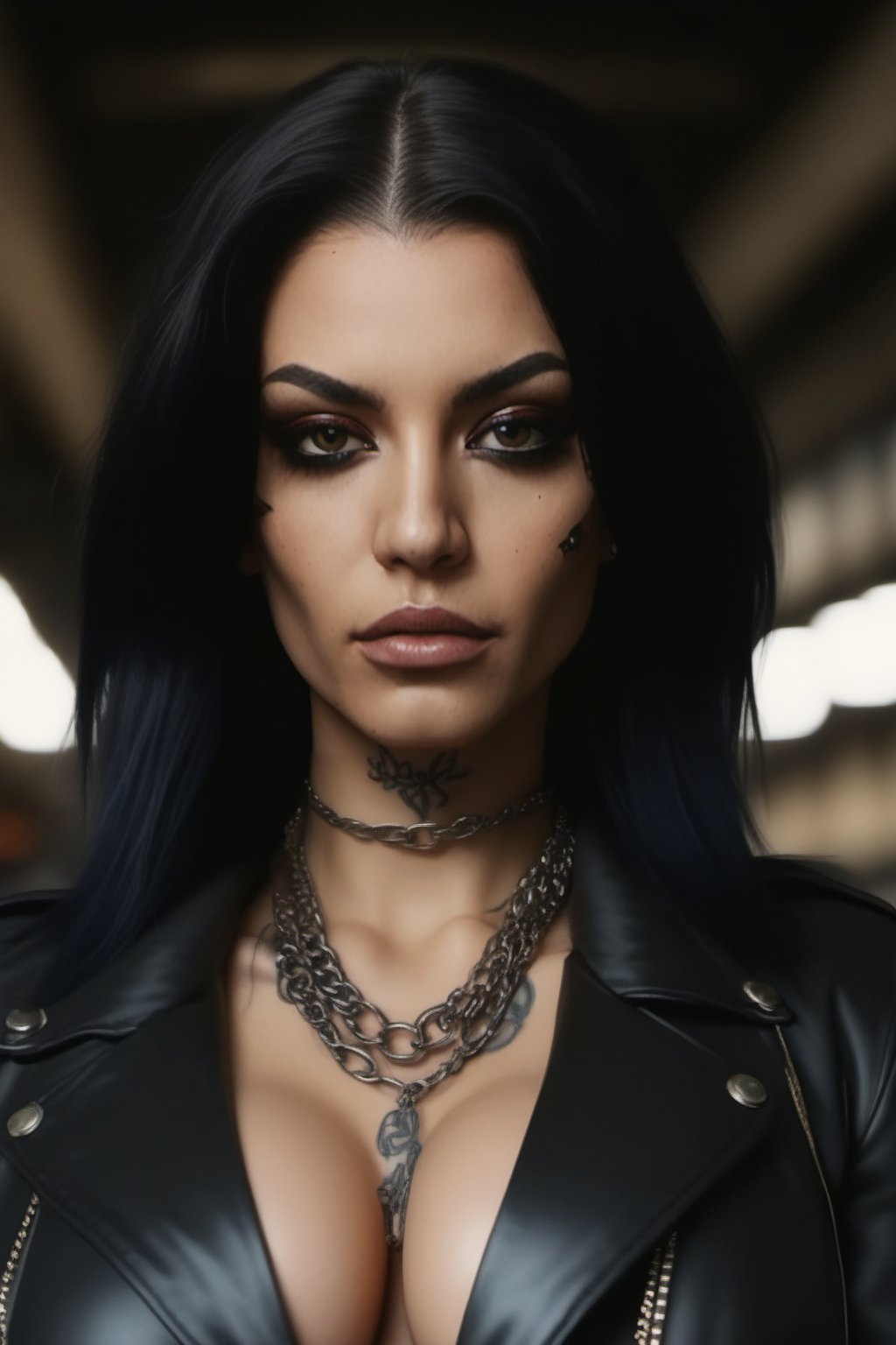 1girl, black_hair, blurry, necklace, solo, breasts, jewelry, blurry_background, tattoo, depth_of_field, realistic, upper_body, looking_at_viewer, jacket, chain_necklace, leather_jacket, no_bra, coat, photo, long_hair, open_clothes, lips, rating:safe, photorealistic, black_jacket