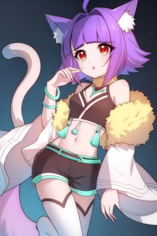 1girl, ah miao, small breasts, short hair, purple hair, blunt bangs, hair intakes, red eyes, ahoge, animal ears, tail, cat tail, tail ornament, cat ears, animal ear fluff, midriff, navel, thighhighs, crop top, fur trim, shorts, cat girl, long sleeves, wide sleeves, bare shoulders, bracelet, shorts, multicolored shorts, black shorts, white shorts, solo