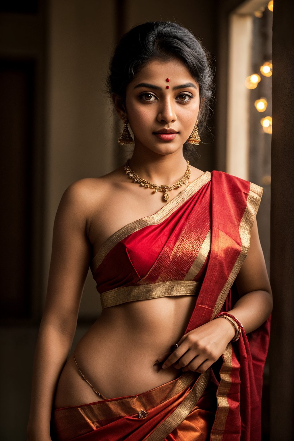Raw photo of (18yo Kerala Beautiful young woman:1.1, (best quality, highres, ultra-detailed:1.2), This breathtaking photograph, shot on a Canon 1DX with a 50 mm f/2.8 lens, beautifully showcases the raw and authentic beauty of life. high resolution 8k image quality, vibrant colors, glowing dimond, glowing eyes, realistic Raw photo, realistic lighting, traditional Red saree,  exotic beauty, mesmerizing eyes, girl ,Thrissur,Mallu,Saree,Muscular female body,Light particles,Light particles and spark,1 girl,Trans girl,Hourglass figure