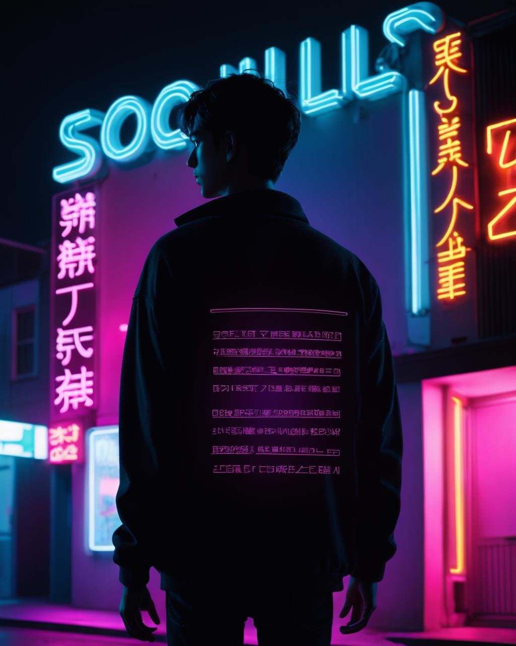 a man standing in front of a neon lit building , solo, 1boy, standing, male focus, from behind, english text, night, walking, silhouette