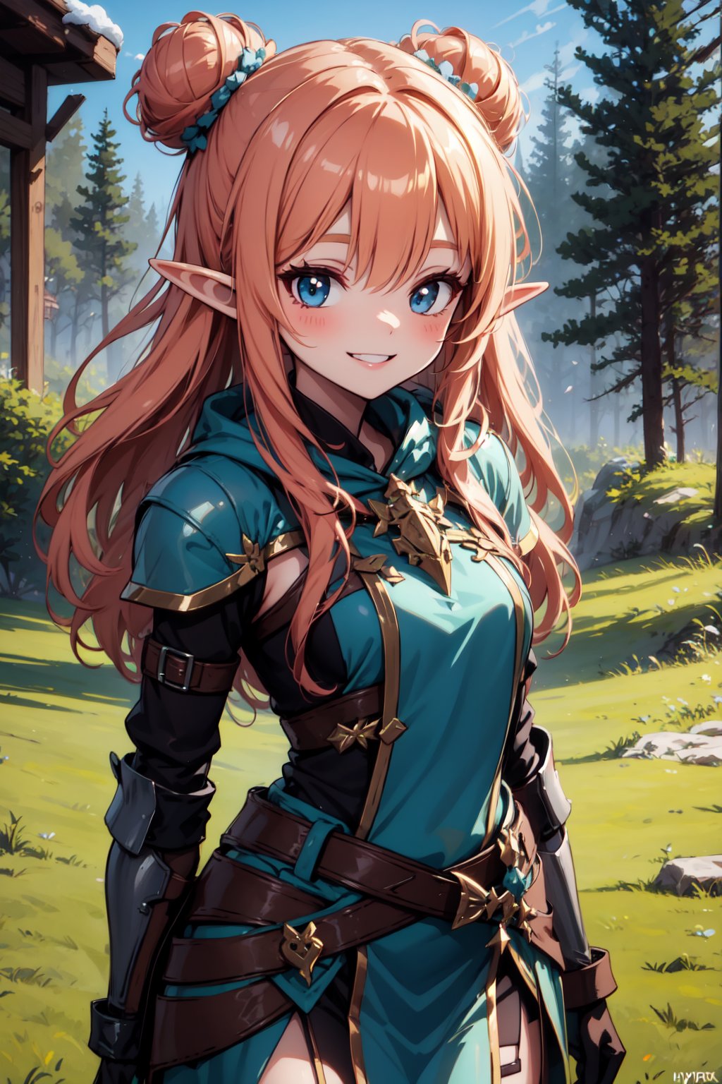 Pretty and wild elf girl. She wears a very elegant elf warrior armor. She is a very badass and cold girl. Hyperdetailing masterpiece, hyperdetailing skin, masterpiece quality, 8k resolution. Wild smile. long and messy hair, elegant bun hairstyle, red hair. Majestic forest in background. She belongs to the nobility. tender and charming smile.,masterpiece,Beautiful,Detail ,best quality,Detailed