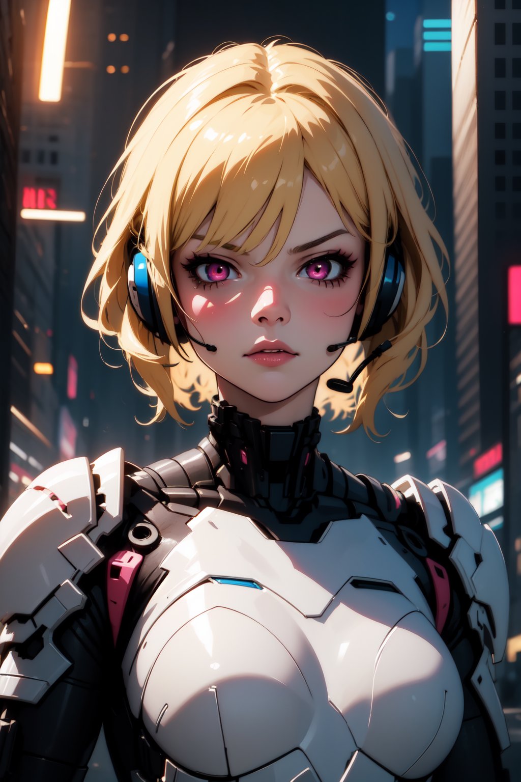 1girl, white biomechanical armor, futuristic city, night, headset, blonde hair, short hair, badass, beautiful, serious face, detailed eyes, pink eyes, detailed image, Pretty face, pretty eyes, pretty hands, digital art, professional style, pretty detailed anime eyes, pretty skin, hyper-detailed masterpiece., Detailed